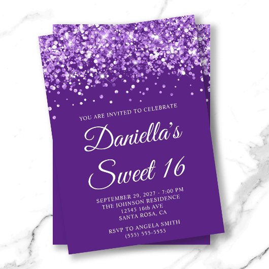 Glittery Royal Paarse Sweet 16 Kaart