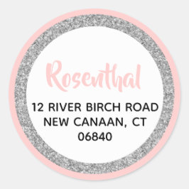 Glittery roze en zilver retouradres ronde sticker