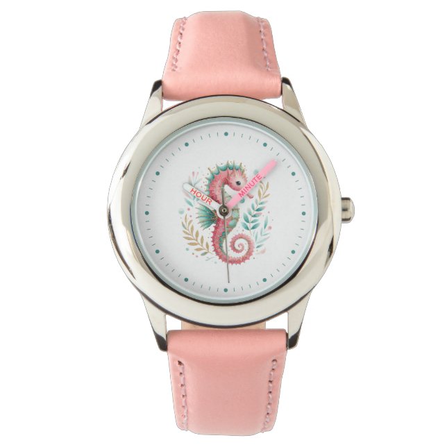 Glittery Seahorse op wit Horloge (Voorkant)