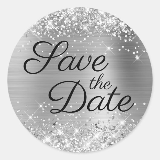Glittery Silver Black Elegant Save the Date Ronde Sticker (Voorkant)