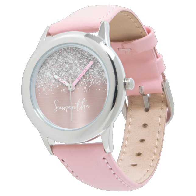 Glittery Silver Blush Pink Glam White Name Horloge (Gekanteld)