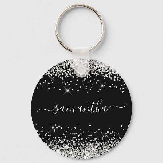 Glittery Silver en Black Girly Naam Sleutelhanger (Voorkant)