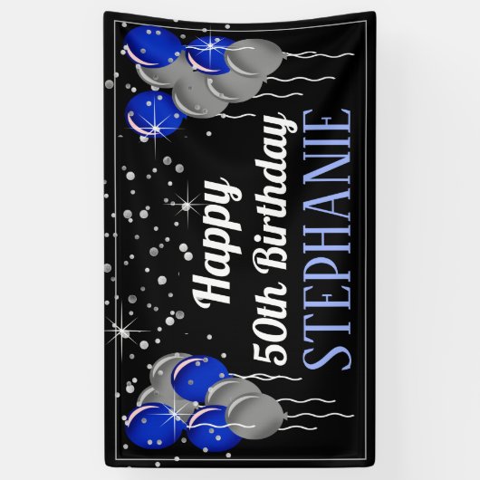 Glittery Silver en Blue Happy Birthday Banner (Verticaal)