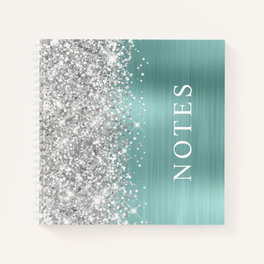 Glittery Silver en Bord Turquoise Glam Blank Notitieboek (Voorkant)