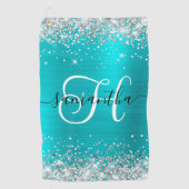 Glittery Silver en Turquoise Blue Monogrammed Golfhanddoek (Voorkant)