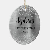 Glittery Silver Foil 1st Christmas Photo Keramisch Ornament (Rechts)