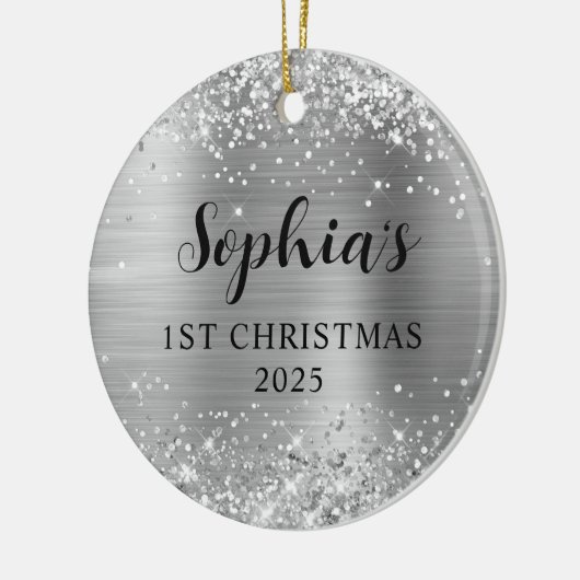 Glittery Silver Foil 1st Christmas Photo Keramisch Ornament (Links)