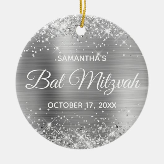 Glittery Silver Foil Bat Mitzvah Keramisch Ornament (Voorkant)