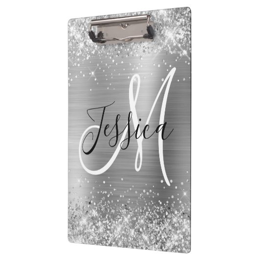Glittery Silver Foil Black en White Monogram Klembord (Links)