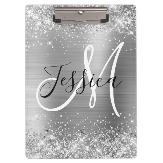 Glittery Silver Foil Black en White Monogram Klembord (Voorkant)