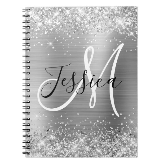 Glittery Silver Foil Black en White Monogram Notitieboek (Voorkant)