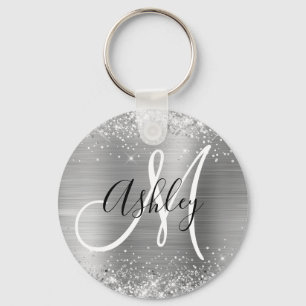 Glittery Silver Foil Black en White Monogramed Sleutelhanger