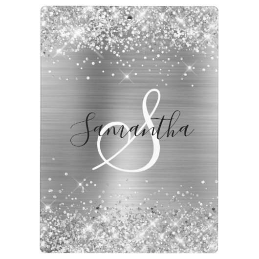 Glittery Silver Foil Elegant Monogrammed Klembord (Achterkant)