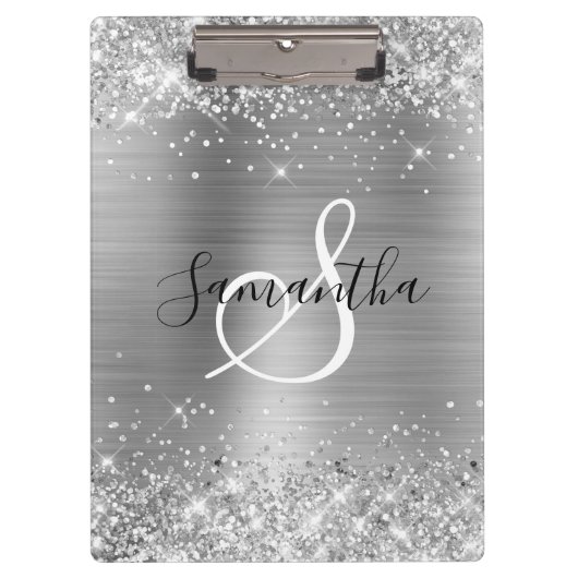 Glittery Silver Foil Elegant Monogrammed Klembord (Voorkant)