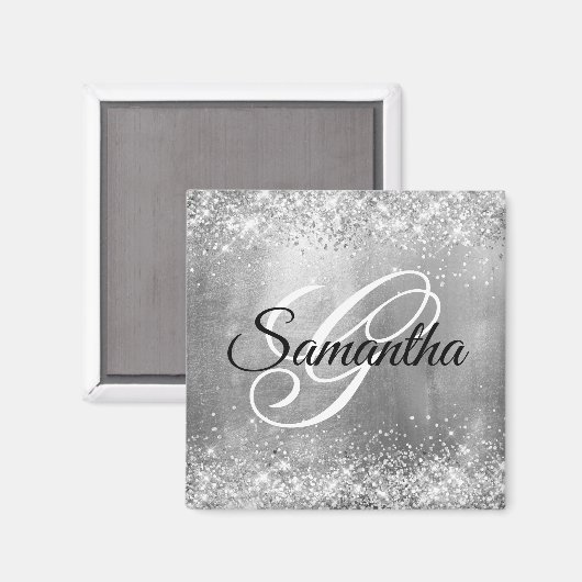 Glittery Silver Foil Fancy Monogram Magneet (Voorkant / Achterkant)