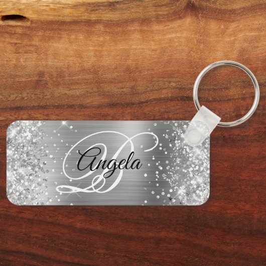 Glittery Silver Foil Fancy Monogram Sleutelhanger (Voorkant)