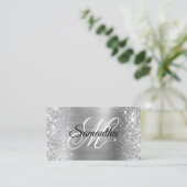 Glittery Silver Foil Fancy Monogram Visitekaartje (Staand voorkant)