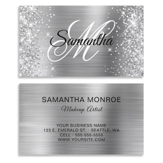 Glittery Silver Foil Fancy Monogram Visitekaartje
