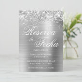 Glittery Silver Foil Foto Reserva La Fecha Kaart (Staand voorkant)