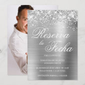 Glittery Silver Foil Foto Reserva La Fecha Kaart (Voorkant / Achterkant)