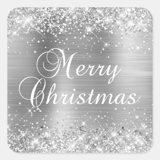Glittery Silver Foil Merry kerst Vierkante Sticker (Voorkant)
