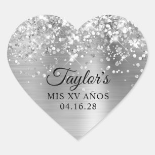 Glittery Silver Foil Mis XV Años Hart Sticker