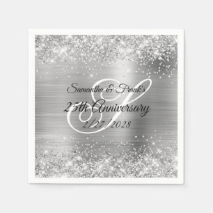 Glittery Silver Foil Monogrammed 25th Jubileum Servet