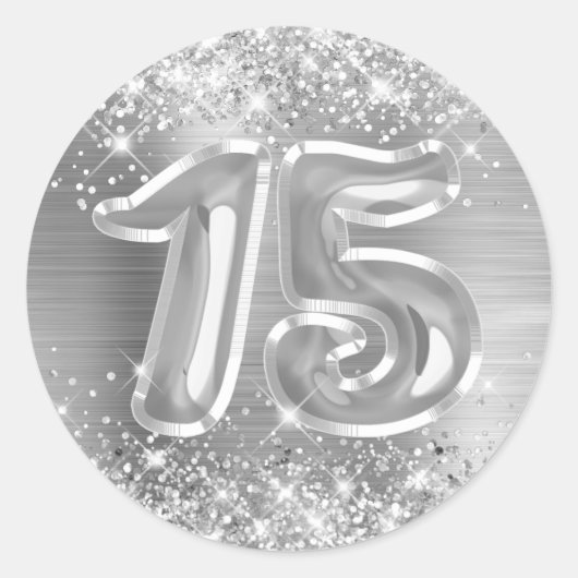 Glittery Silver Foil Number 15 Birthday Ronde Sticker (Voorkant)