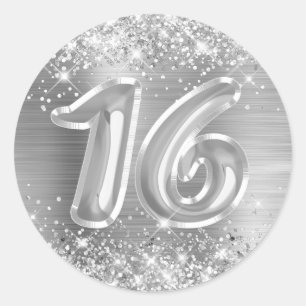 Glittery Silver Foil Number 16 Birthday Ronde Sticker