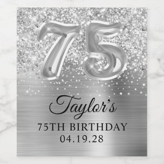 Glittery Silver Foil Nummer 75 Verjaardag Wijn Etiket (Enkel label)
