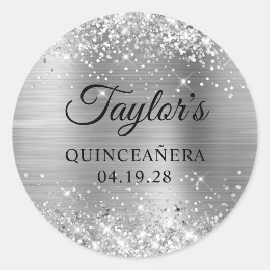 Glittery Silver Foil Quinceanera Ronde Sticker (Voorkant)