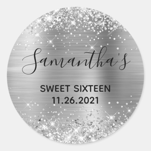 Glittery Silver Foil Sweet Sixteen Ronde Sticker (Voorkant)
