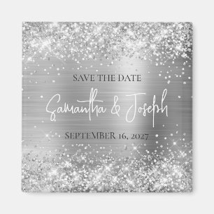Glittery Silver Foil Wedding Save the Date Magneet
