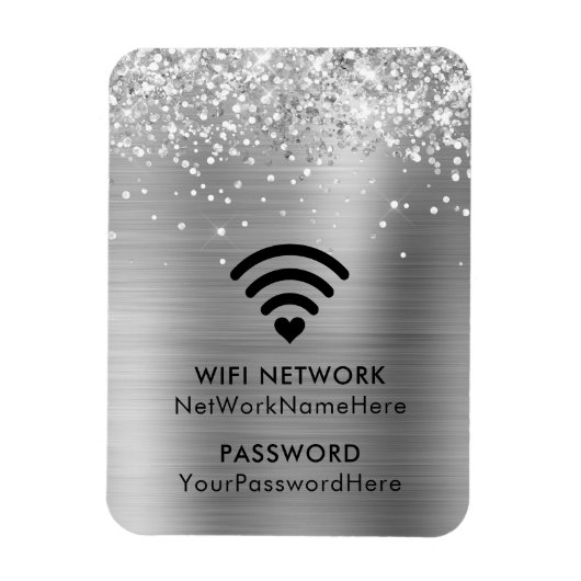 Glittery Silver Foil WiFi-netwerk en wachtwoord Magneet (Verticaal)