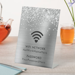 Glittery Silver Foil WiFi-netwerk en wachtwoord Reclamebord Met Voetstuk
