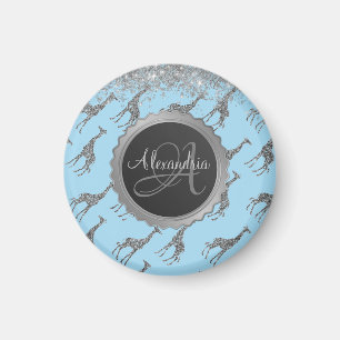 Glittery Silver Giraffe op droomblauw Monogram Magneet