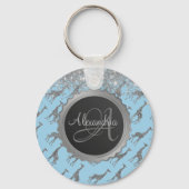 Glittery Silver Giraffe op droomblauw Monogram Sleutelhanger (Achterkant)