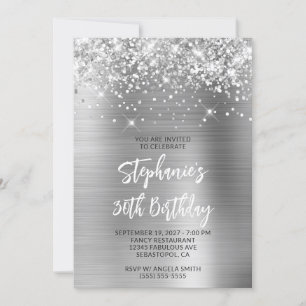 Glittery Silver Glam 30th Birthday Brush Script Kaart