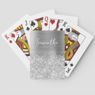 Glittery Silver Glam Name Pokerkaarten