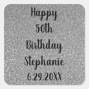 Glittery Silver Gray, aangenaam, Happy Birthday na Vierkante Sticker