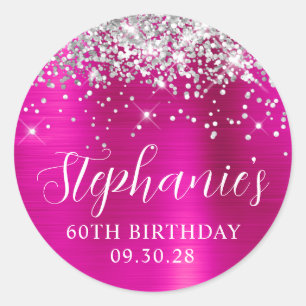 Glittery Silver Hot Pink Folie 60e Verjaardag Ronde Sticker
