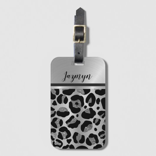 Glittery Silver Leopard Safari Print Bagagelabel (Voorkant (verticaal))