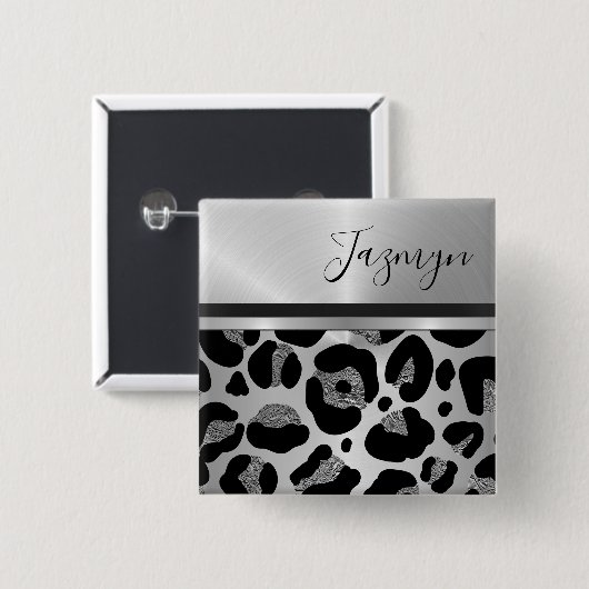 Glittery Silver Leopard Safari Print Vierkante Button 5,1 Cm (Voorkant /achterkant)