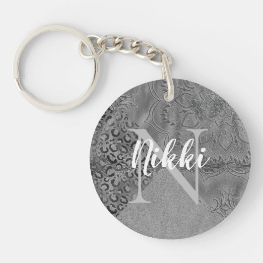 Glittery Silver Lotus Leopard Monogram Sleutelhanger (Voorkant)