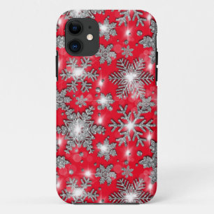 Glittery Silver Red festive sneeuwvlokpatroon iPhone 11 Hoesje