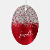 Glittery Silver Red Glam Name Metalen Ornament (Voorkant Rechts)