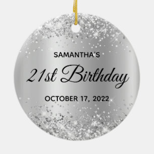 Glittery Silver Shimmer Ombre 21st Birthday Keramisch Ornament
