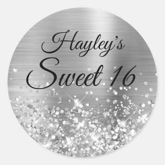 Glittery Silver Sweet 16 Ronde Sticker (Voorkant)