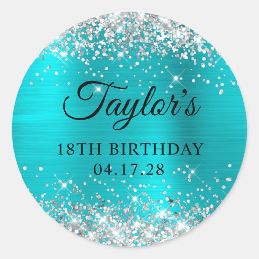 Glittery Silver Turquoise Blue Folie 18th Birthday Ronde Sticker (Voorkant)