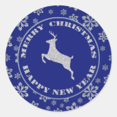 Glittery Snowflake Reindeer Blue Ronde Sticker (Voorkant)